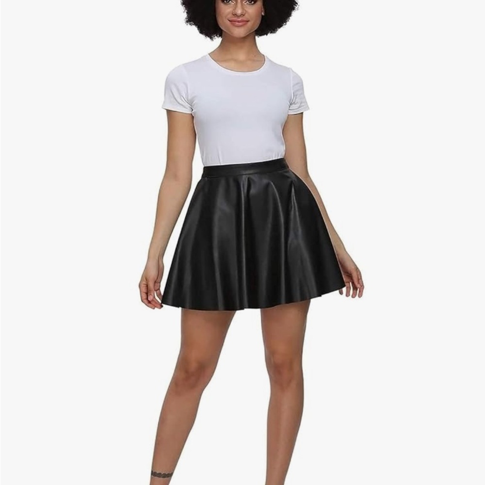Black Faux Leather Circle Skirt - Women's Skater Style